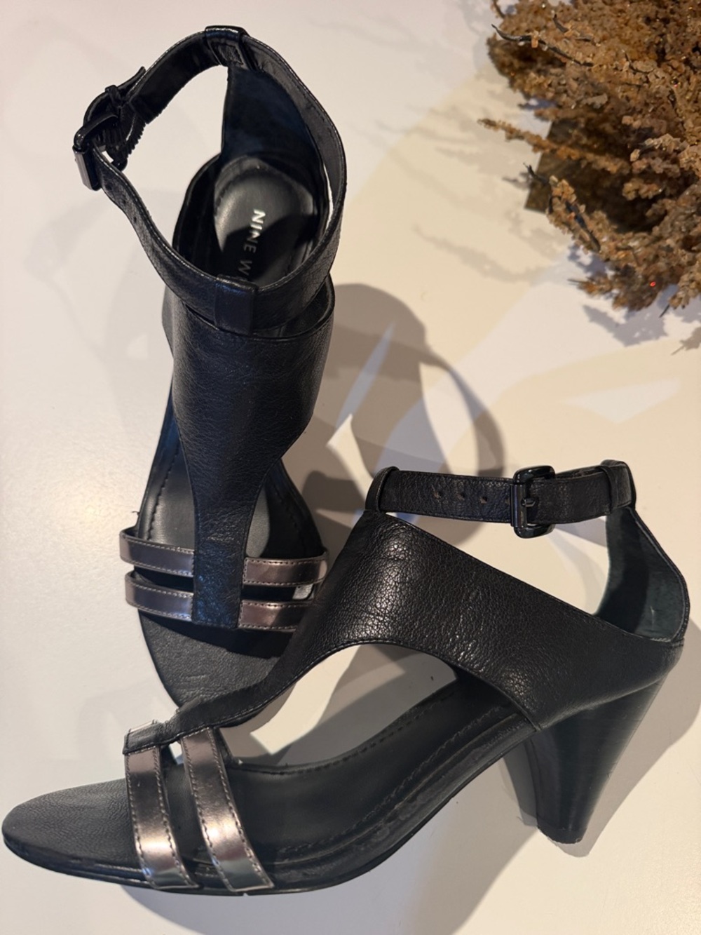 Nine West Black Leather Ankle-Strap Heels with Metallic Straps